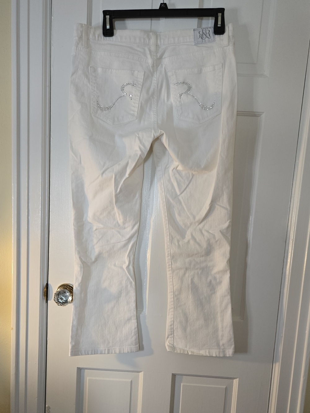 Rock & Republic White Bootcut Jeans with Rhinestone Pocket Detail